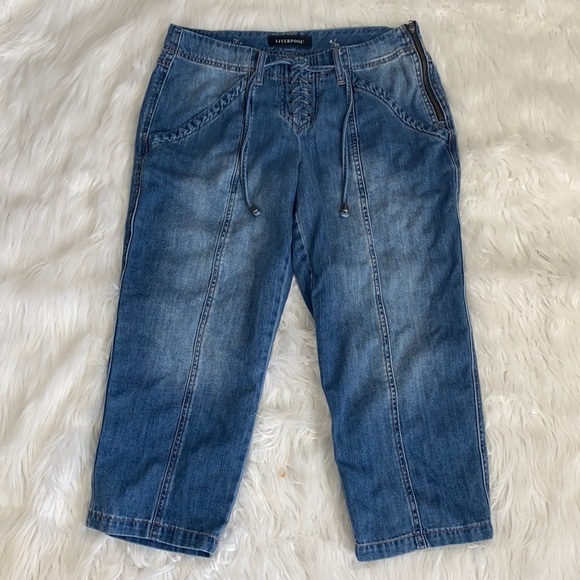 Liverpool Jeans Company Tie Detail Zip Capri Cropped Y2K Style Jeans 6/28 - Picture 1 of 7